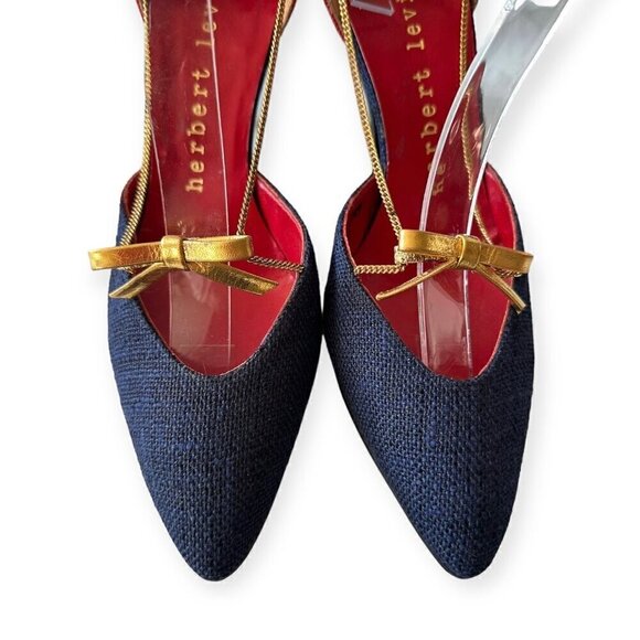 Vintage Herbert Levine Red & Navy D'Orsey Pumps with Gold Chain & bow trim, 7.5B - Picture 10 of 16